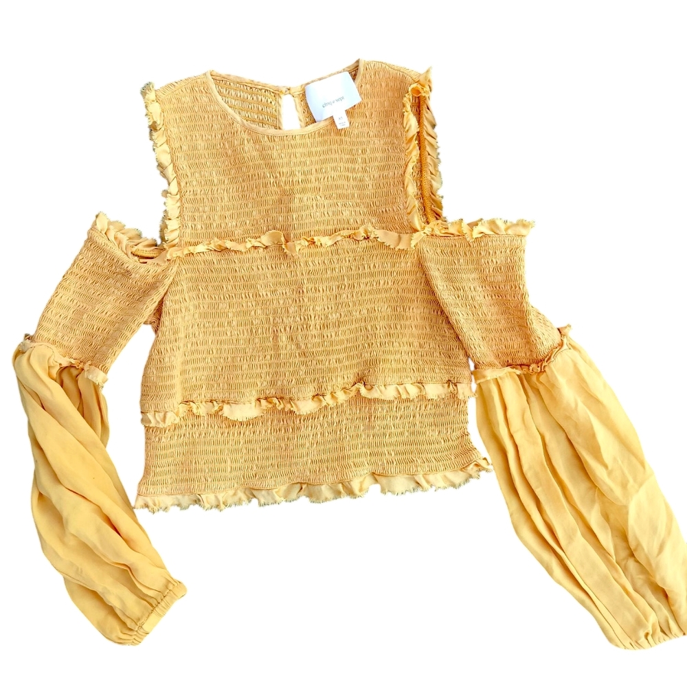 Cinq A Sept Pascal Golden Yellow Cold Shoulder Crop Blouse XS 100% Silk - Picture 2 of 8